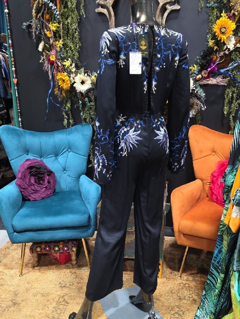Free People Black Jumpsuit with Blue Floral Embroidery - Picture 10 of 15